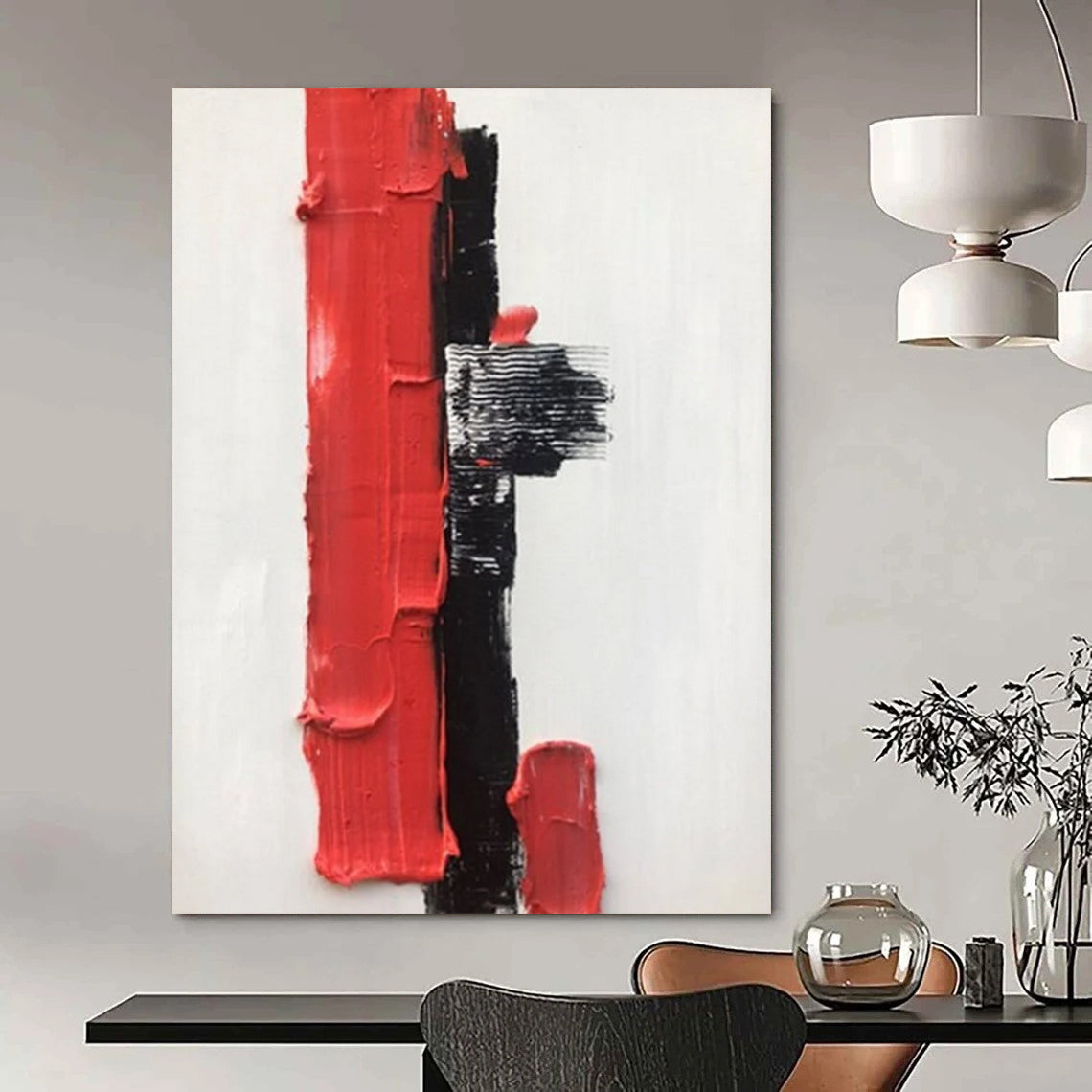 “Red, Black, and White Textured Forms” - Striking Abstract Painting On Canvas DS390