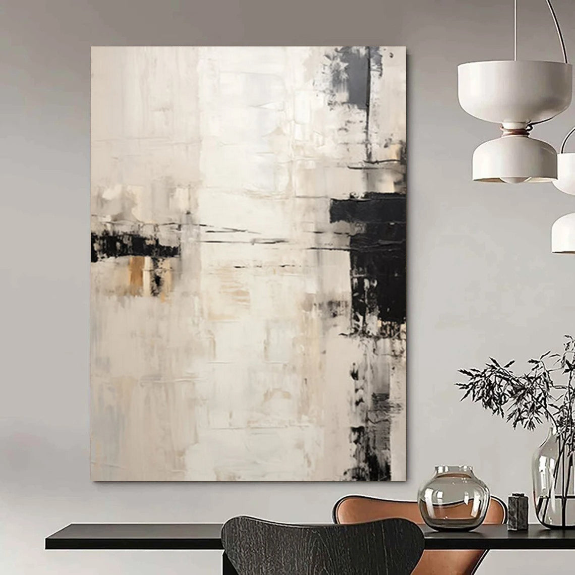 “Neutral Abstraction” - Monochrome Blocks & Lines Painting On Canvas DS131