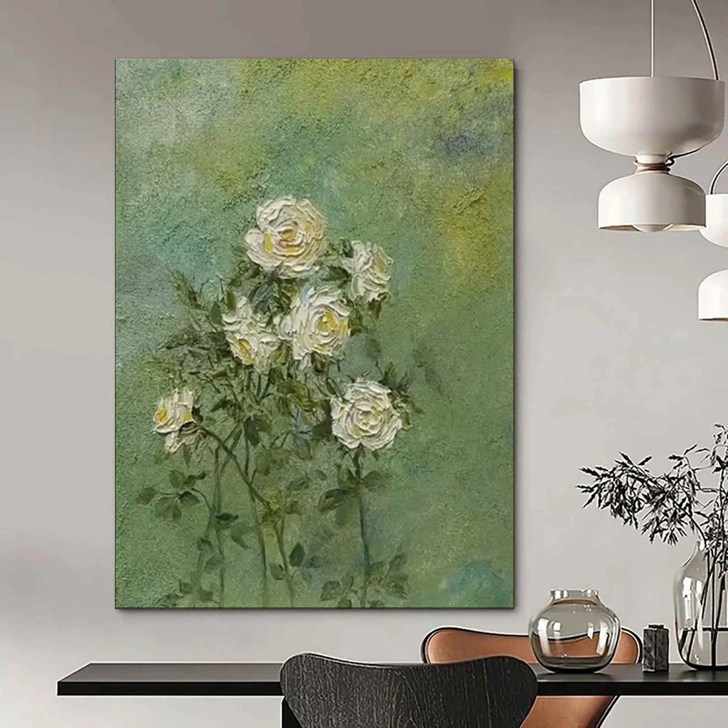 “White Roses on Green” - Textured Floral Painting On Canvas PT1987