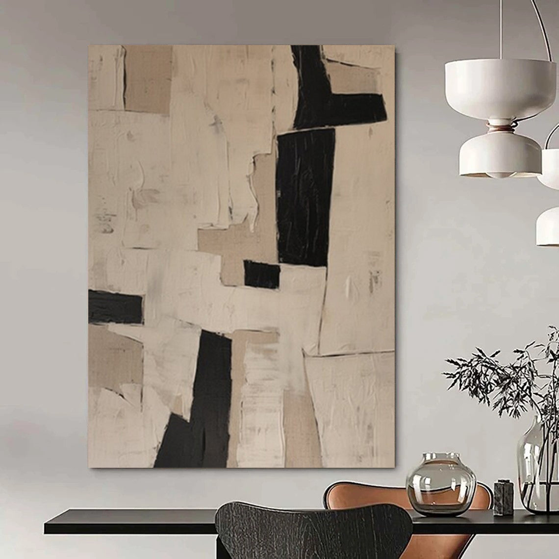 Beige and Black Collage, "Neutral Collage" – Mixed - Media Abstract On Canvas PS0952