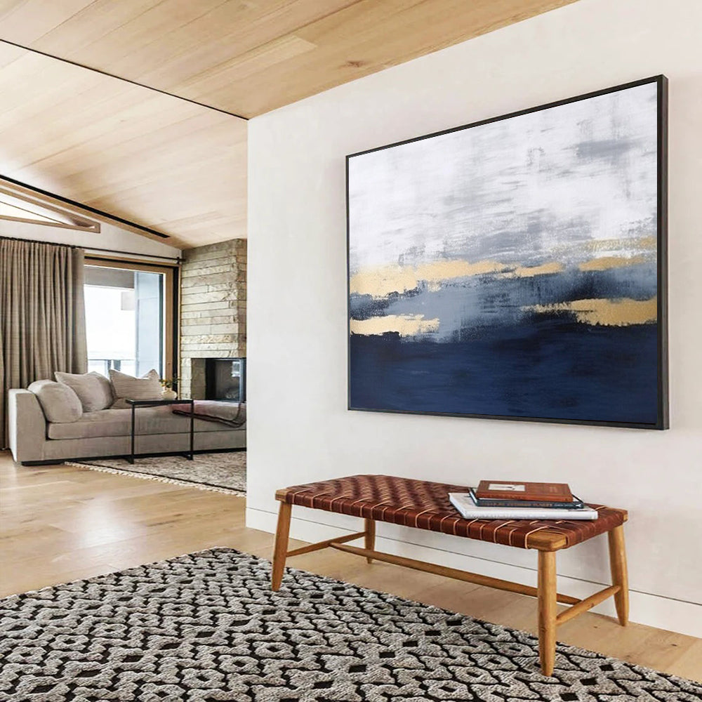 “Gray Gold Abstract” - Gray, Gold & Blue Abstract, Minimalist Oil Painting On Canvas DKS786