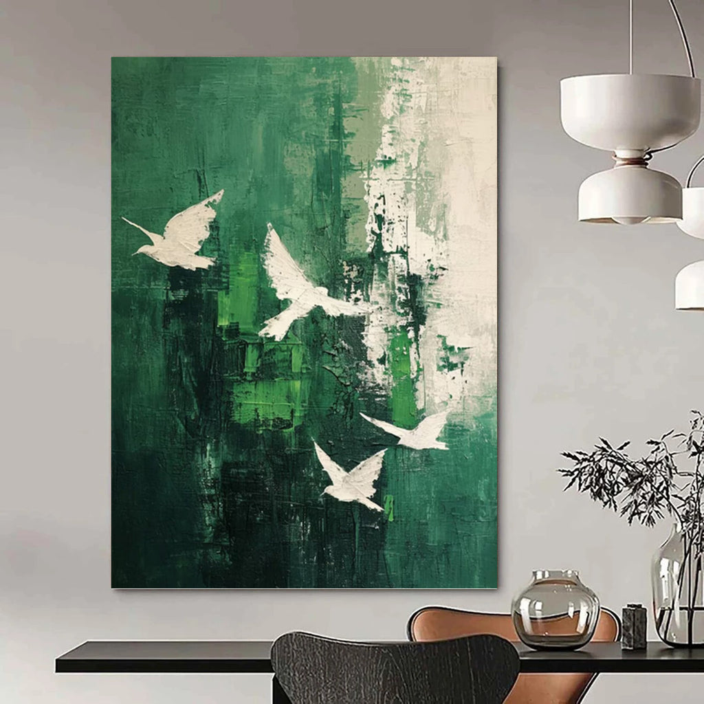 “Green - White Bird Abstract” - Abstract Expressionist Painting On Canvas PT1311