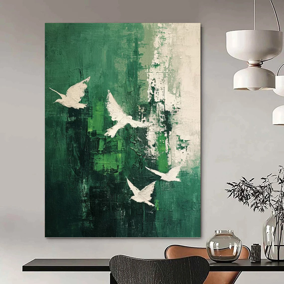 “Green - White Bird Abstract” - Abstract Expressionist Painting On Canvas PT1311