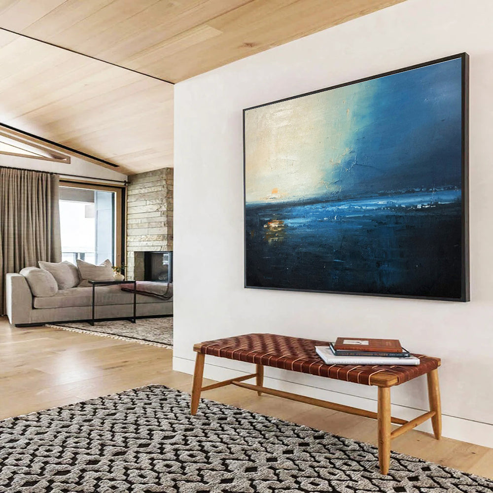 Midnight Blue Sea: Dark Blue, Gray & Orange Abstract Landscape Painting for Nautical Bedroom & Poetry Corner DKS647