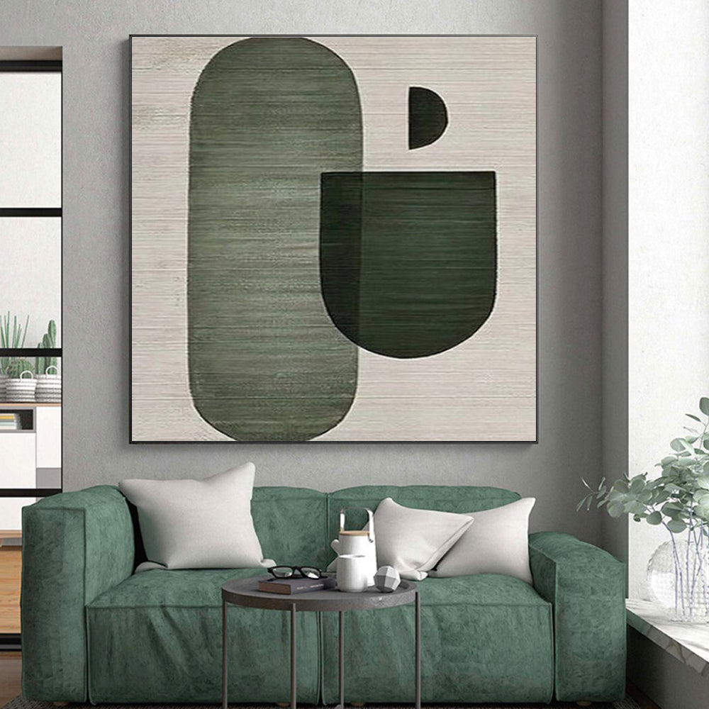 “Green - Gray Geometric Forms” - Green, Gray Abstract Geometric Painting On Canvas PS0675