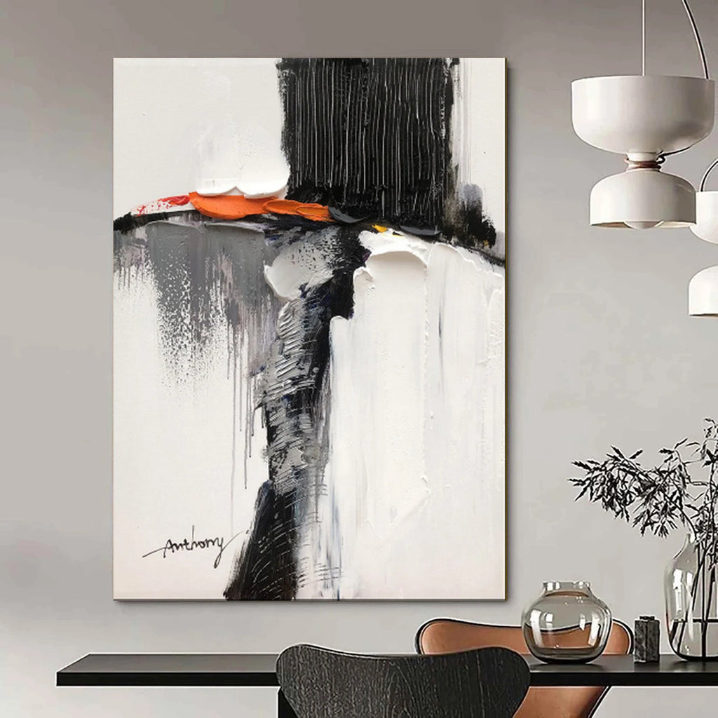 Black - White - Orange Abstract Mix, With a Nod to Clyfford Still's Style, Painting On Canvas PT2089
