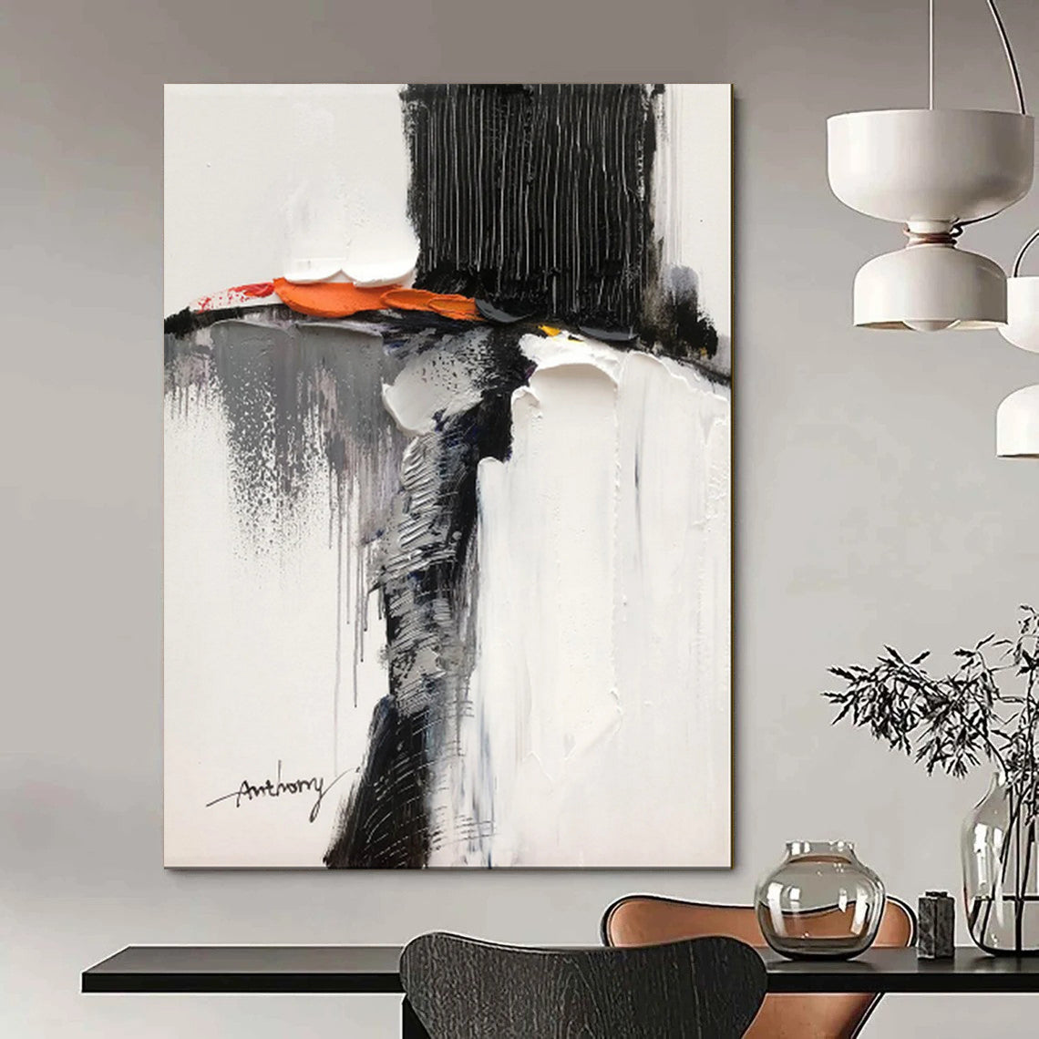 Black - White - Orange Abstract Mix, With a Nod to Clyfford Still's Style, Painting On Canvas PT2089