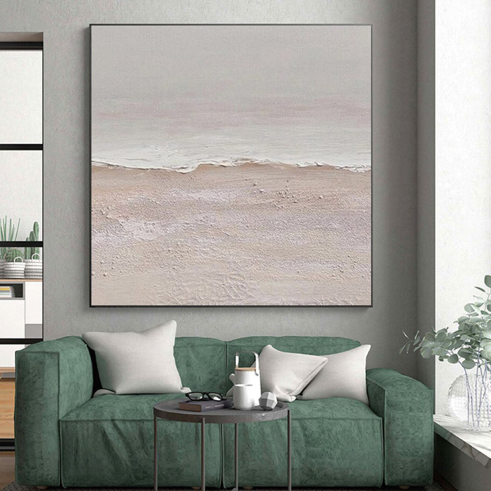 “Textured Beach Shore” - Beige, White Abstract Seascape Painting On Canvas PS0666