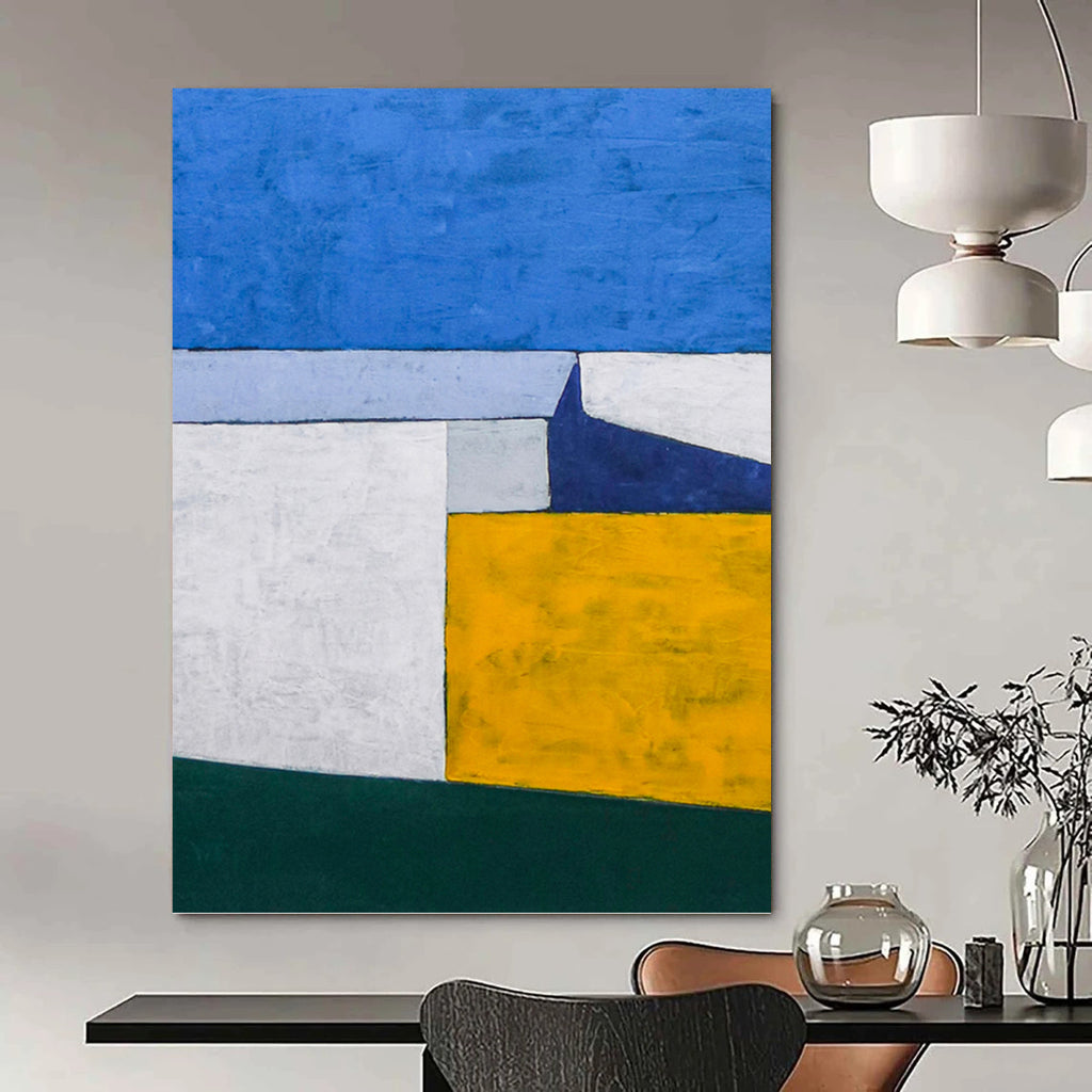 “Blue - Yellow Geometric Blocks” - Clean Lines Abstract Painting On Canvas PT1095
