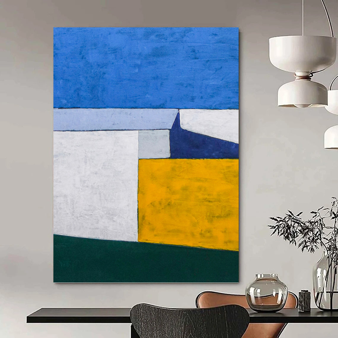 “Blue - Yellow Geometric Blocks” - Clean Lines Abstract Painting On Canvas PT1095