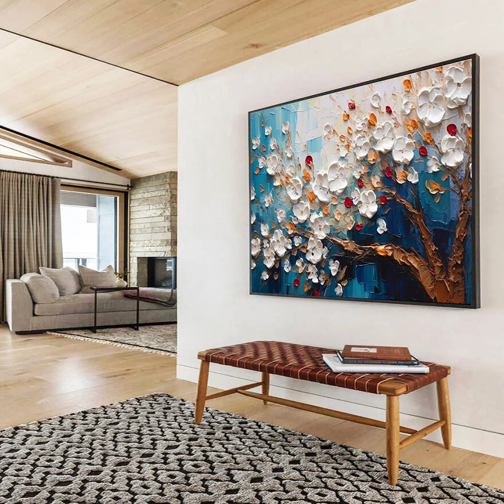 “White Flowers on Blue” - Impasto Oil Painting On Canvas DKS888