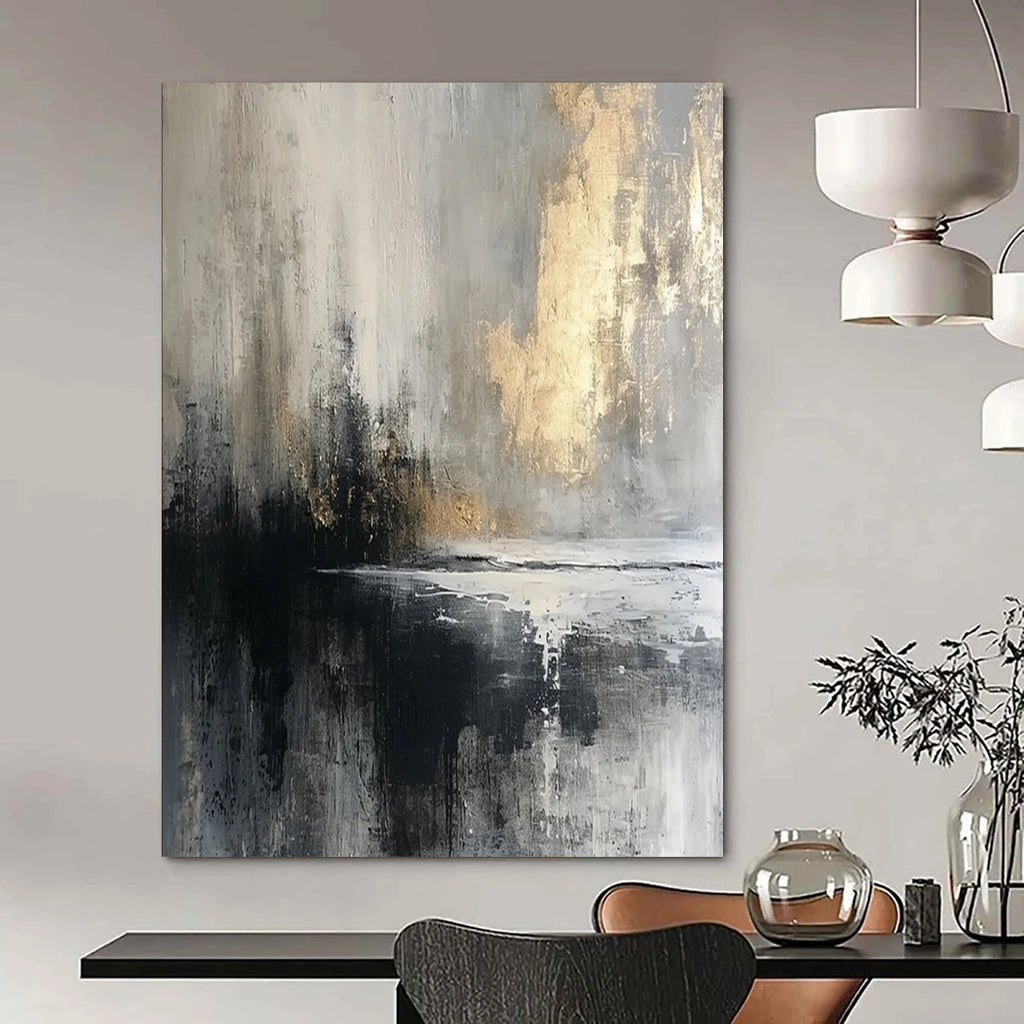 Gray - Gold Abstract Reflection Textured Painting On Canvas DS067