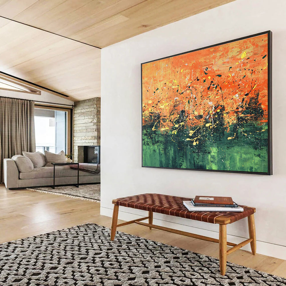 Orange and Green Splattered Abstract Abstract Expressionist Painting On Canvas DKS155