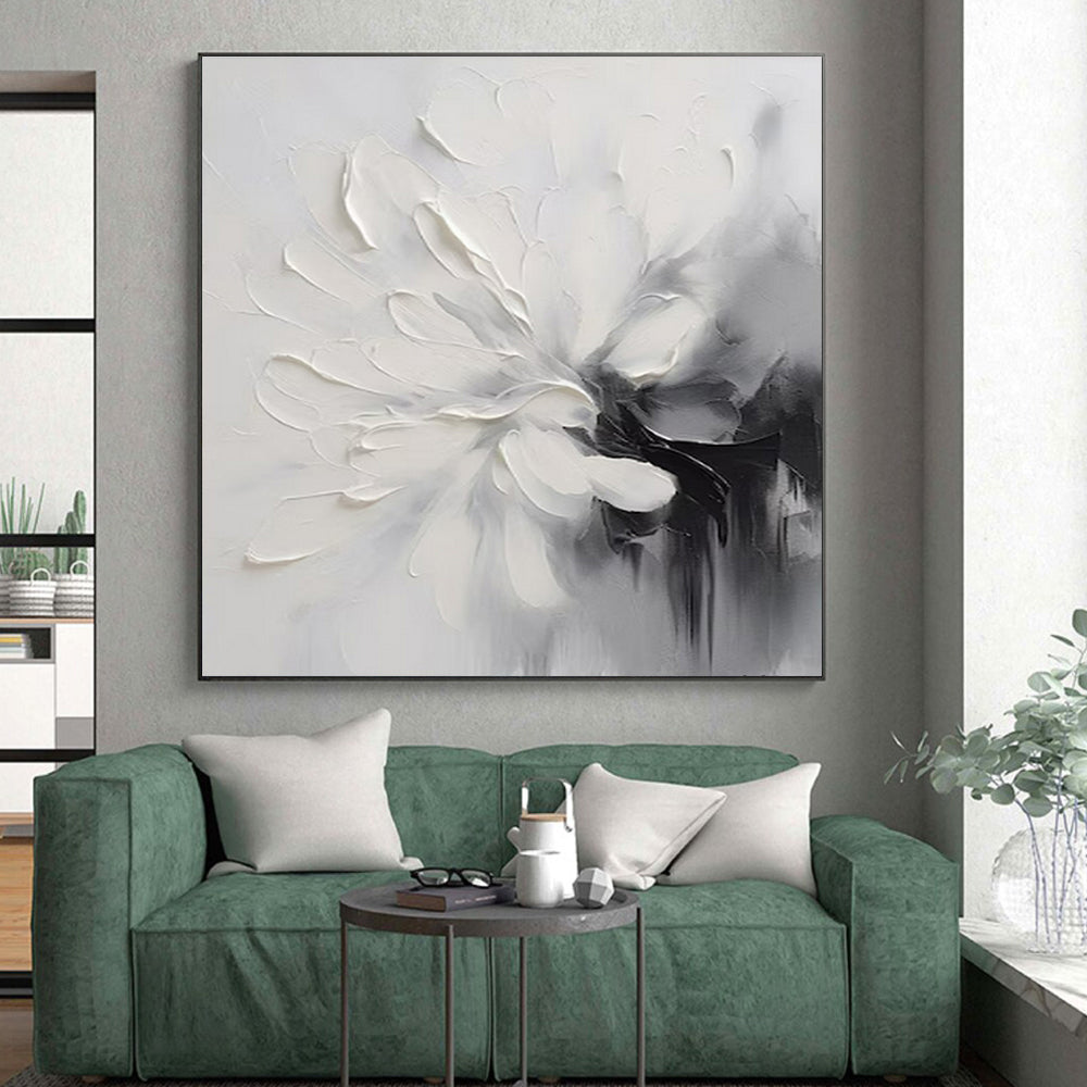 “Textured White Flower” - White, Gray, Black Textured Floral Painting On Canvas PS0767