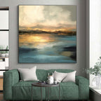 “Golden Horizon” - Blue, Gold, Gray Abstract Landscape Painting On Canvas PS0621
