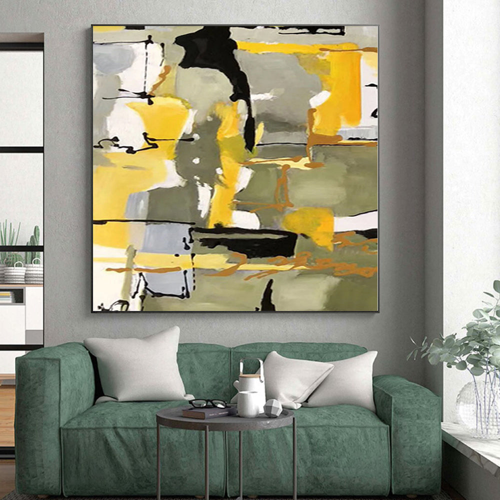 “Yellow - Grey Abstract Dynamic Shapes” - Lively Abstract Painting On Canvas PS0344