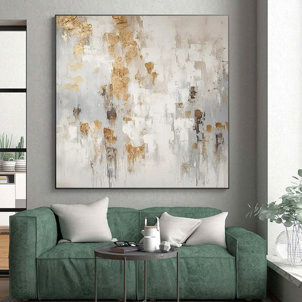 White, Gray & Gold Abstract Splatter "Gilded Mist" Painting On Canvas PS0866