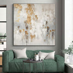 White, Gray & Gold Abstract Splatter "Gilded Mist" Painting On Canvas PS0866