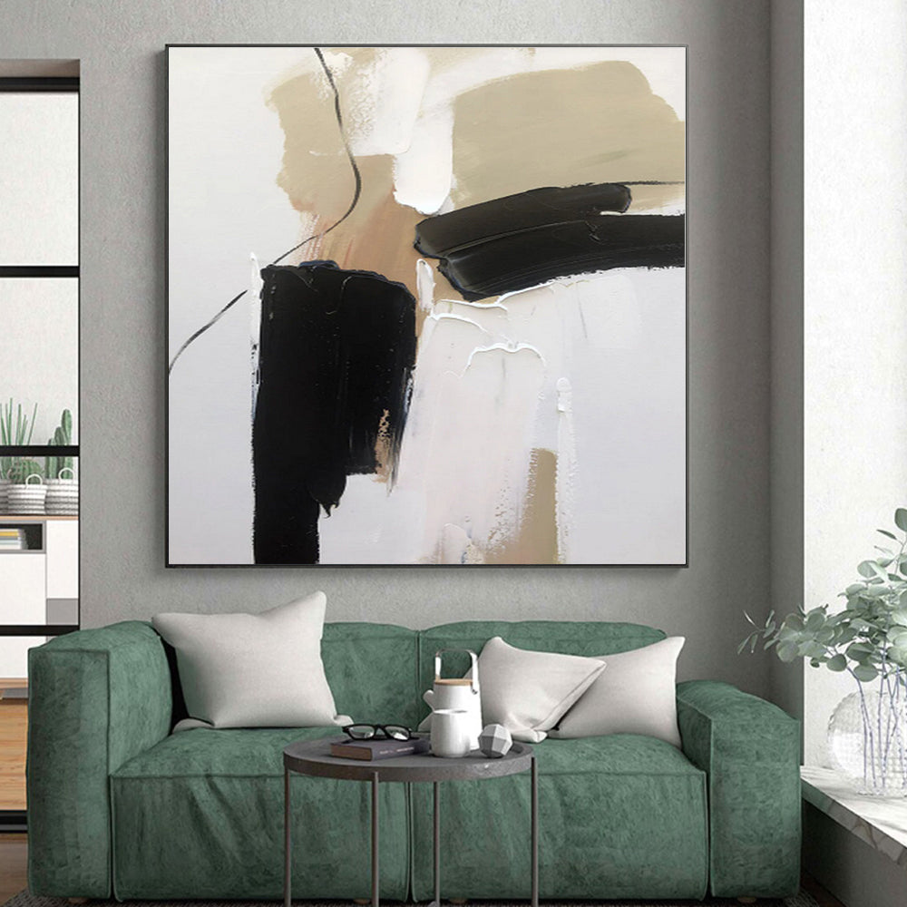 “Beige - Black Minimalist Shapes” - Beige, Black, White Abstract Painting On Canvas PS0504