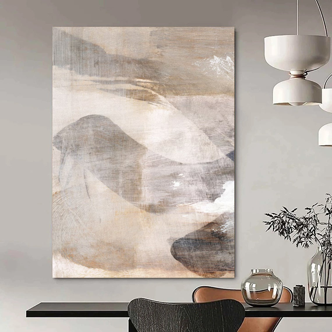 “Textured Mountain Abstraction” - Beige & Gray Layers with Subtle Shapes Painting On Canvas DS210