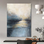 Blue, Gray, Beige and Gold with Subtle Light Reflections "Dawn’s Whisper" Abstract Landscape Painting On Canvas PS1155