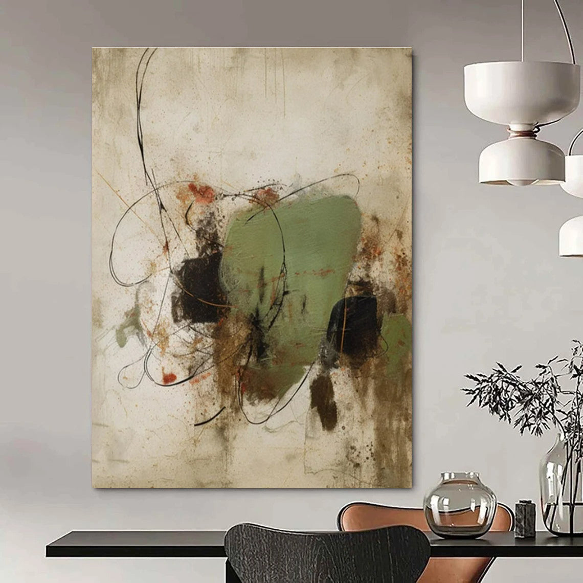 Green, Black, Red, Brown with Dynamic Forms "Earthly Chaos" Abstract Painting On Canvas PS1462