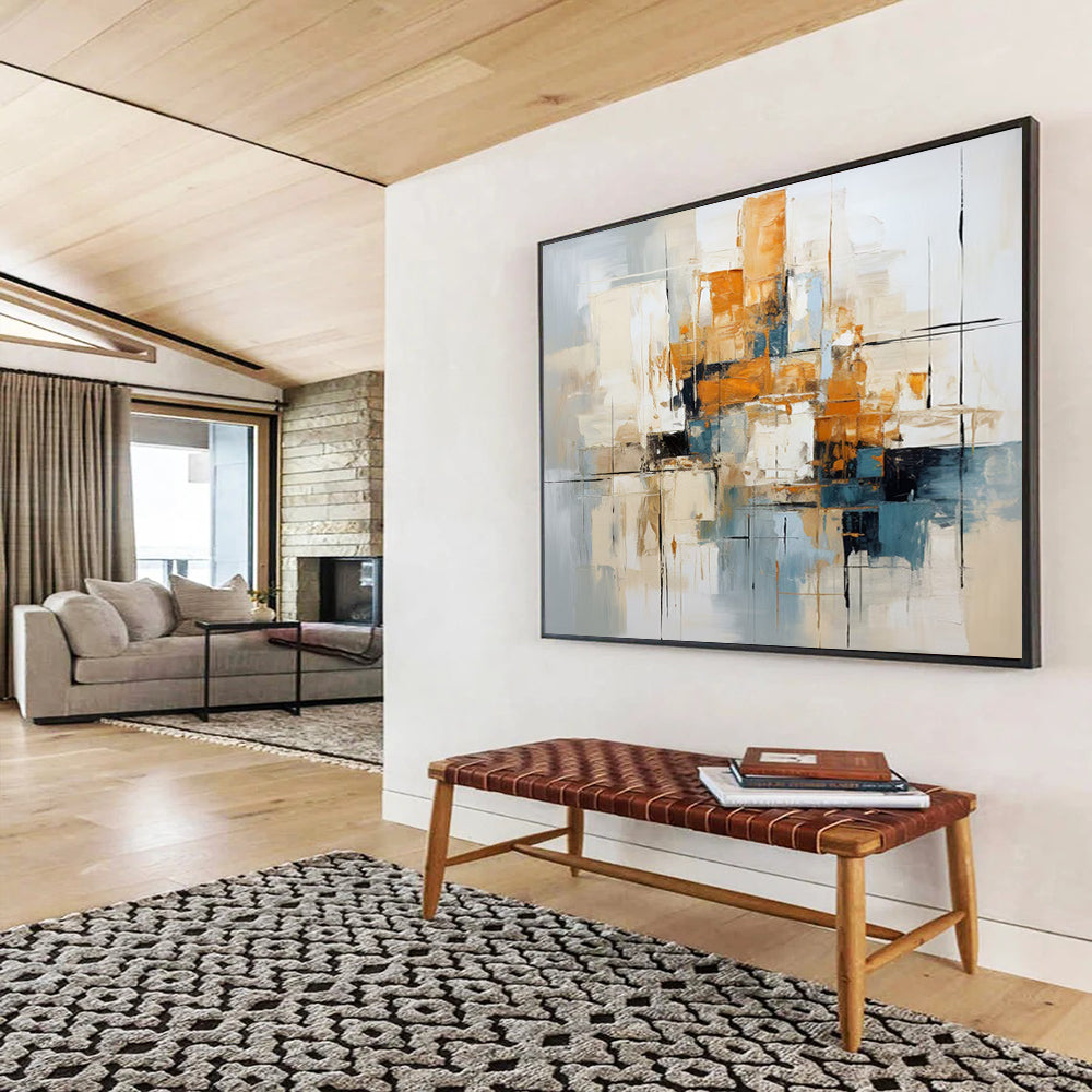 “Abstract Cityscape in Gray, Orange & Blue” - Modern Urban Impasto Painting On Canvas PT006