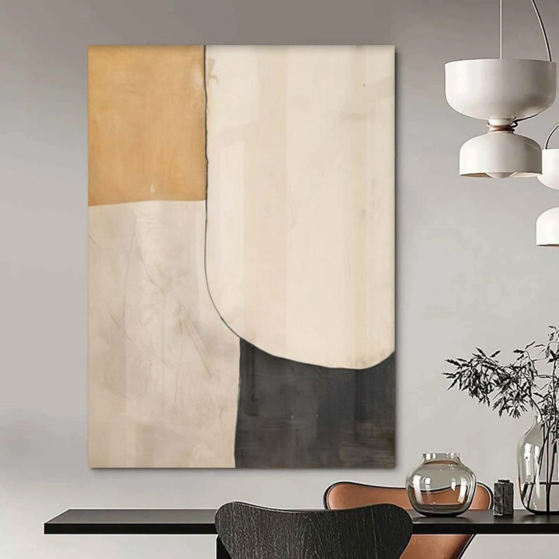 Beige, White, and Black Shapes "Classic Minimalism" Abstract Geometric Painting On Canvas PS1050