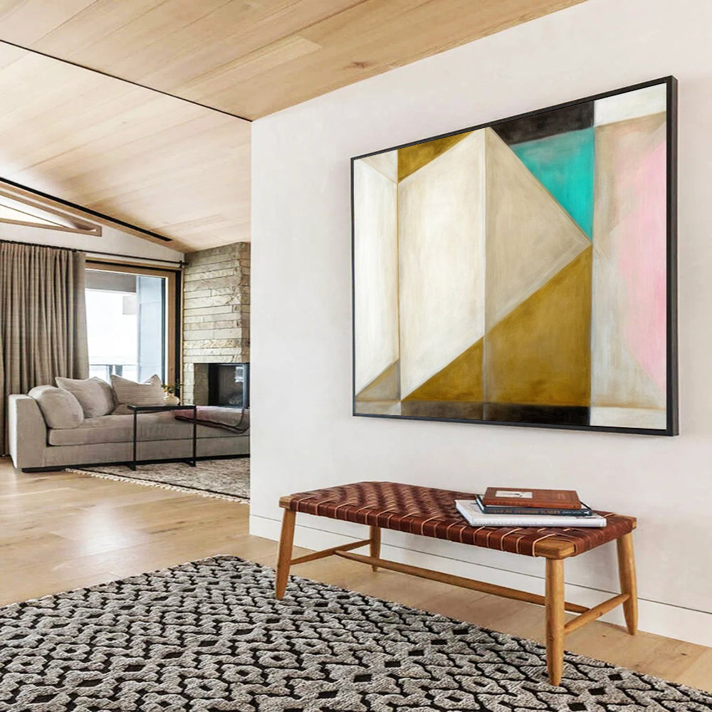 “Geometric Shapes in Gold, White, Teal” - Geometric Abstract - Painting On Canvas PT1779