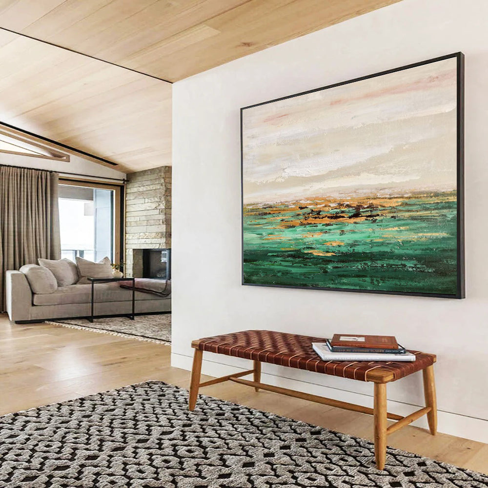 Teal Gold Repeat: Teal, Gold & Beige Abstract Landscape Painting for Coastal Villa & Relaxation Lounge DKS648