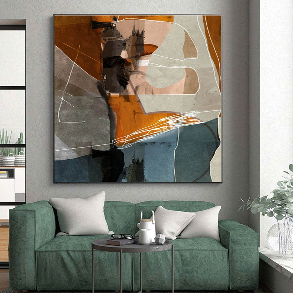 “Orange - Gray Geometric Collage” - Orange, Gray, Blue Abstract Geometric Painting On Canvas PS0567