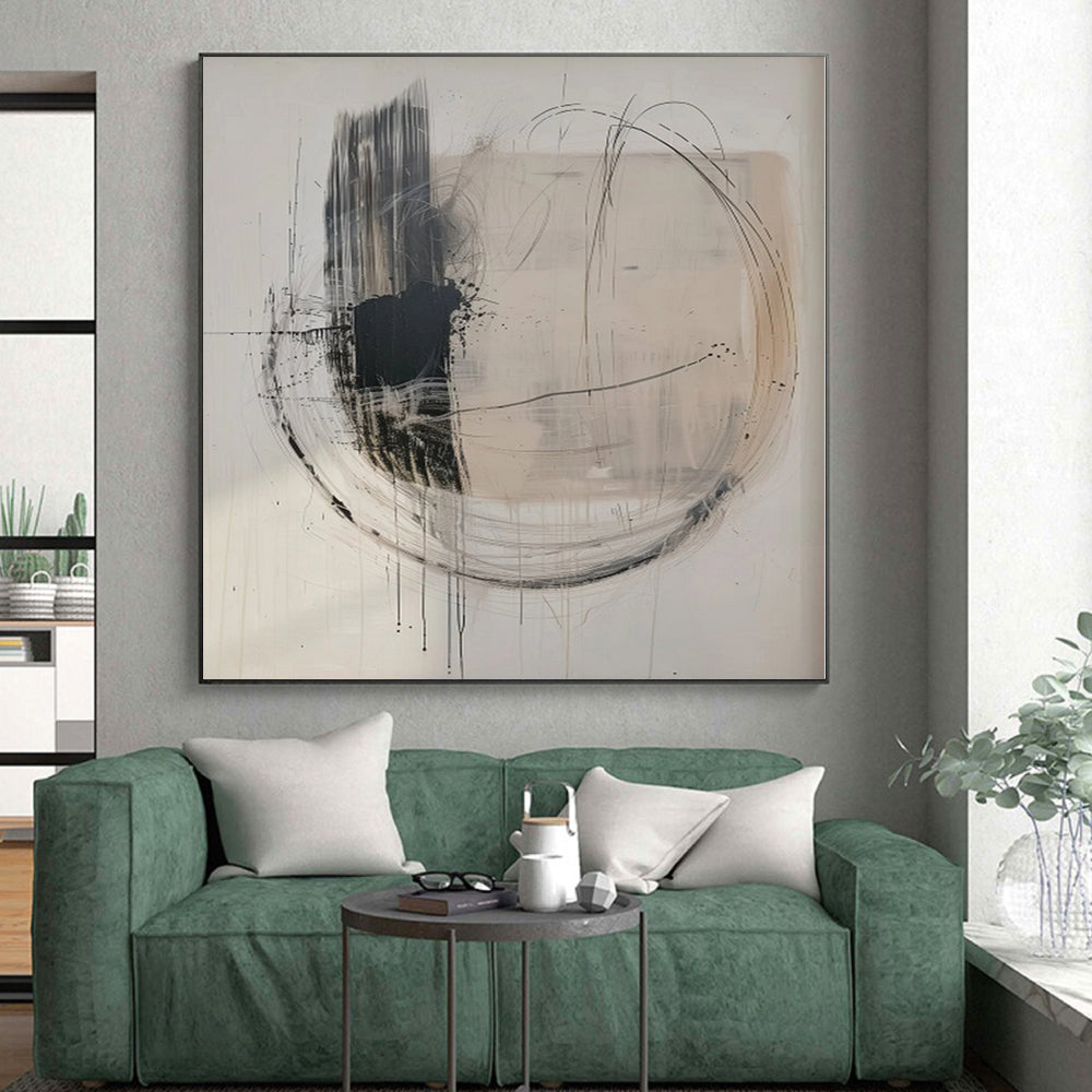 “Dynamic Black - White Abstract with Circular Lines” - Expressive Abstract Painting On Canvas PS0273