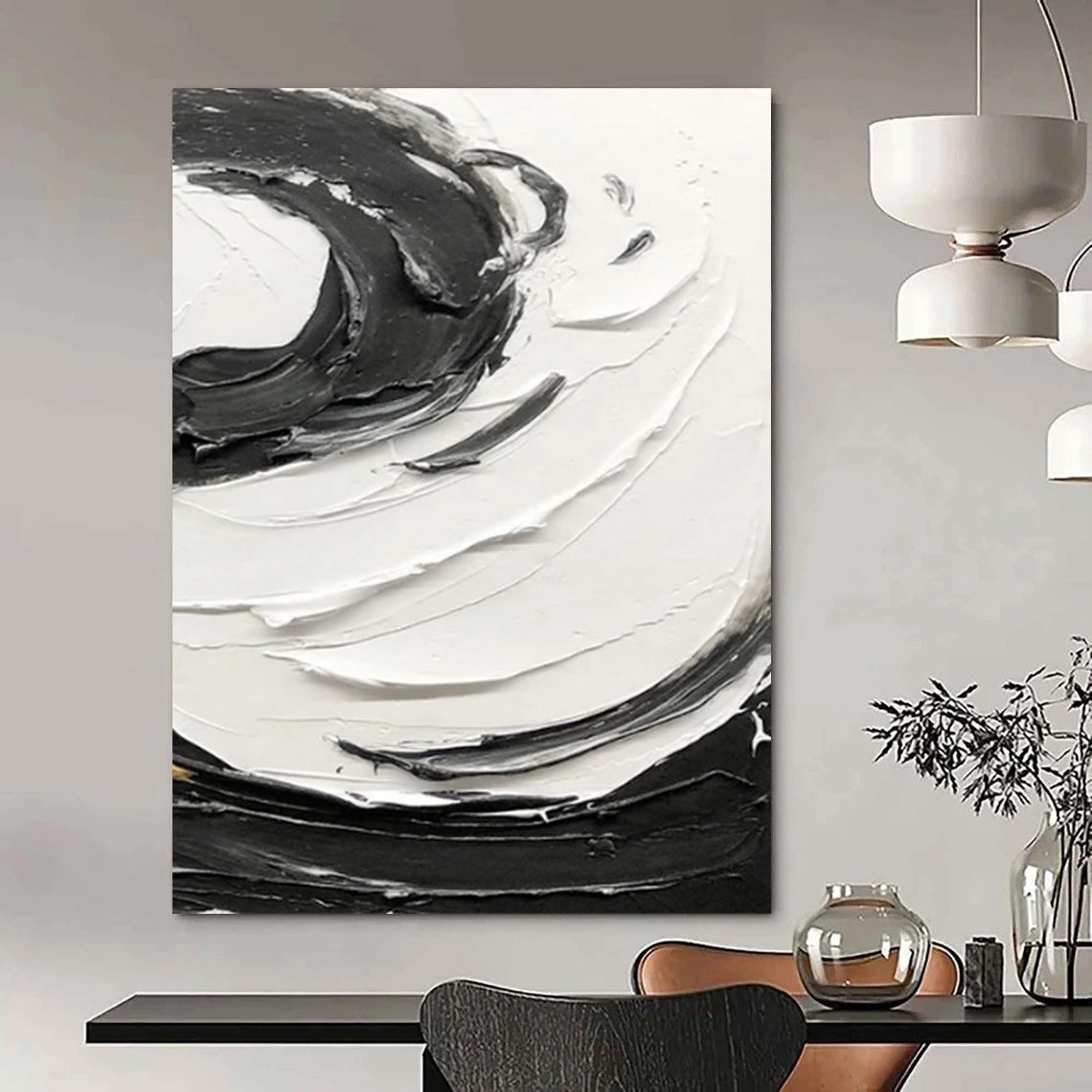 “Black and White Swirl Dynamics” - Energetic Abstract Painting On Canvas DS380