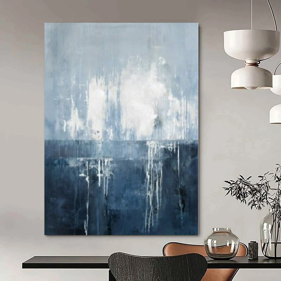 Blue, Gray and White with Flowing Drips "Oceanic Drift" Abstract Painting On Canvas PS1138