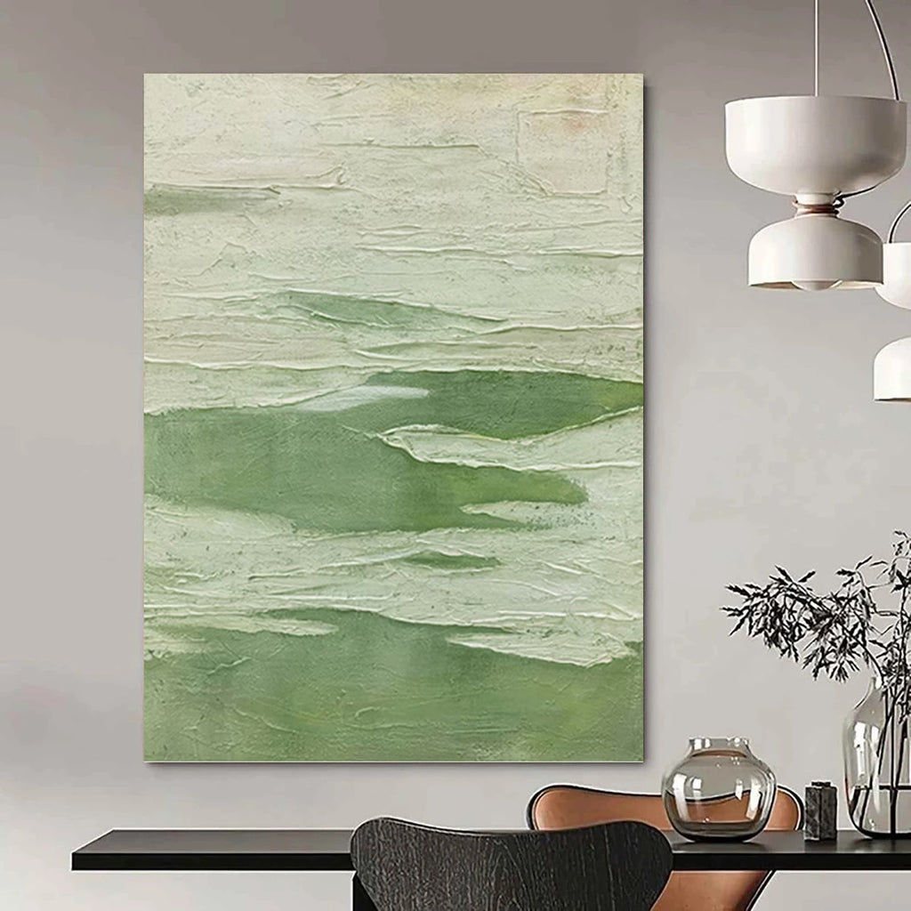 “Textured Green - White Impasto” - Impasto Abstract Painting On Canvas PT1227