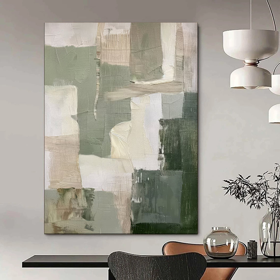 “Earthy Greens and Neutrals Abstract Blocks” - Abstract Painting On Canvas PT2053