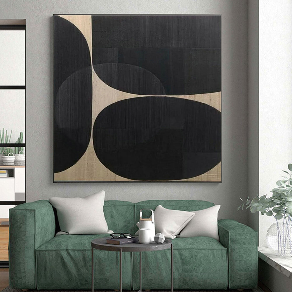 “Black - Beige Circular Composition” - Black, Beige Abstract Geometric Painting PS0595