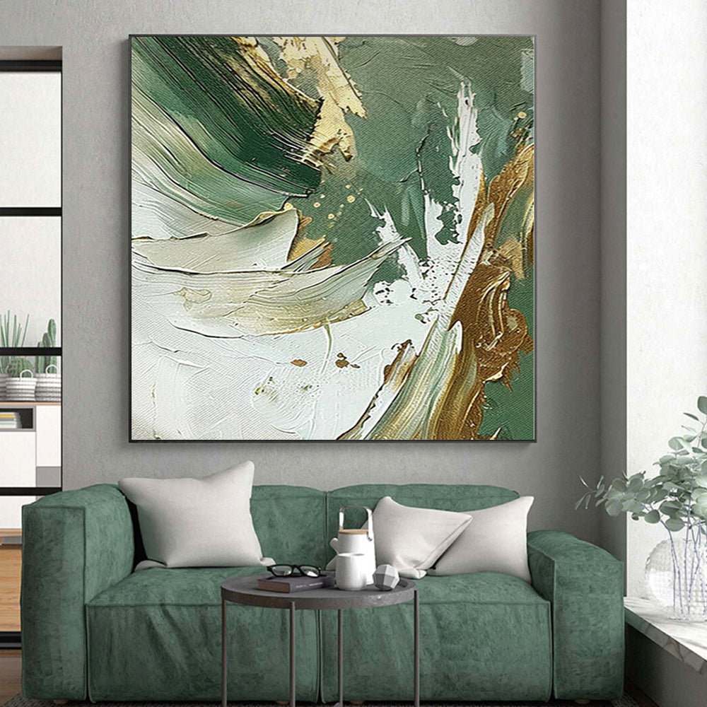 “Green - Gold - White Abstract” - Nature - Inspired Abstract Painting On Canvas PS0088