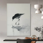 Black - White Bird Reflection, "Ink Bird" – Minimalist Ink - Style Painting On Canvas PS0933