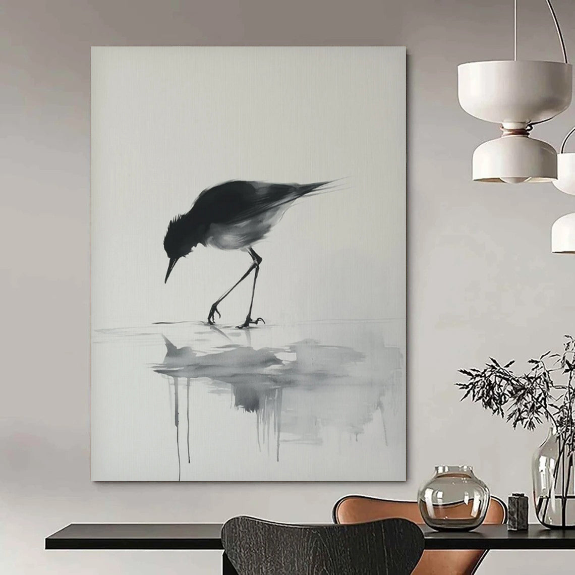 Black - White Bird Reflection, "Ink Bird" – Minimalist Ink - Style Painting On Canvas PS0933