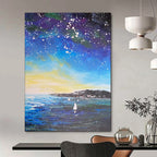 “Starry Night Coastal Sailboats” - Impressionist Night Sky Painting On Canvas PT1902