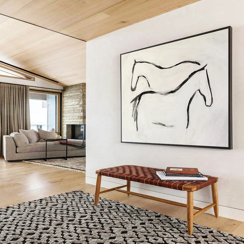 “Minimalist Horse Silhouettes” - Black & White Figurative, Simplistic Ink Painting On Canvas DKS751