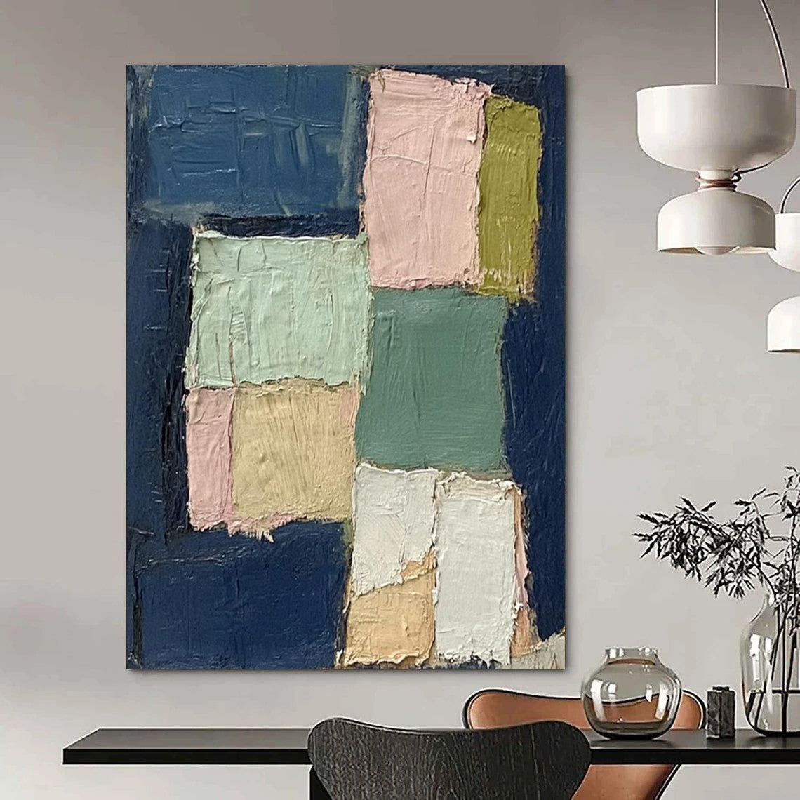 “Pastel Squares on Navy” - Minimalist Abstract Painting On Canvas DS013