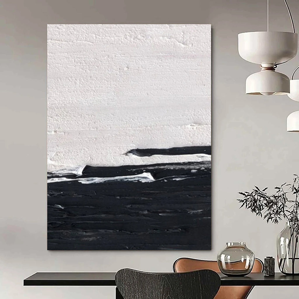 “Black and White Minimalist Horizon” - Subtle Abstract Painting On Canvas DS402