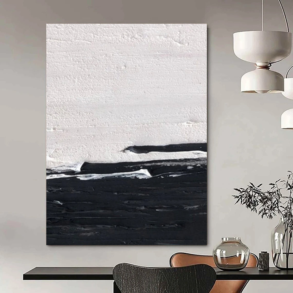 “Black and White Minimalist Horizon” - Subtle Abstract Painting On Canvas DS402