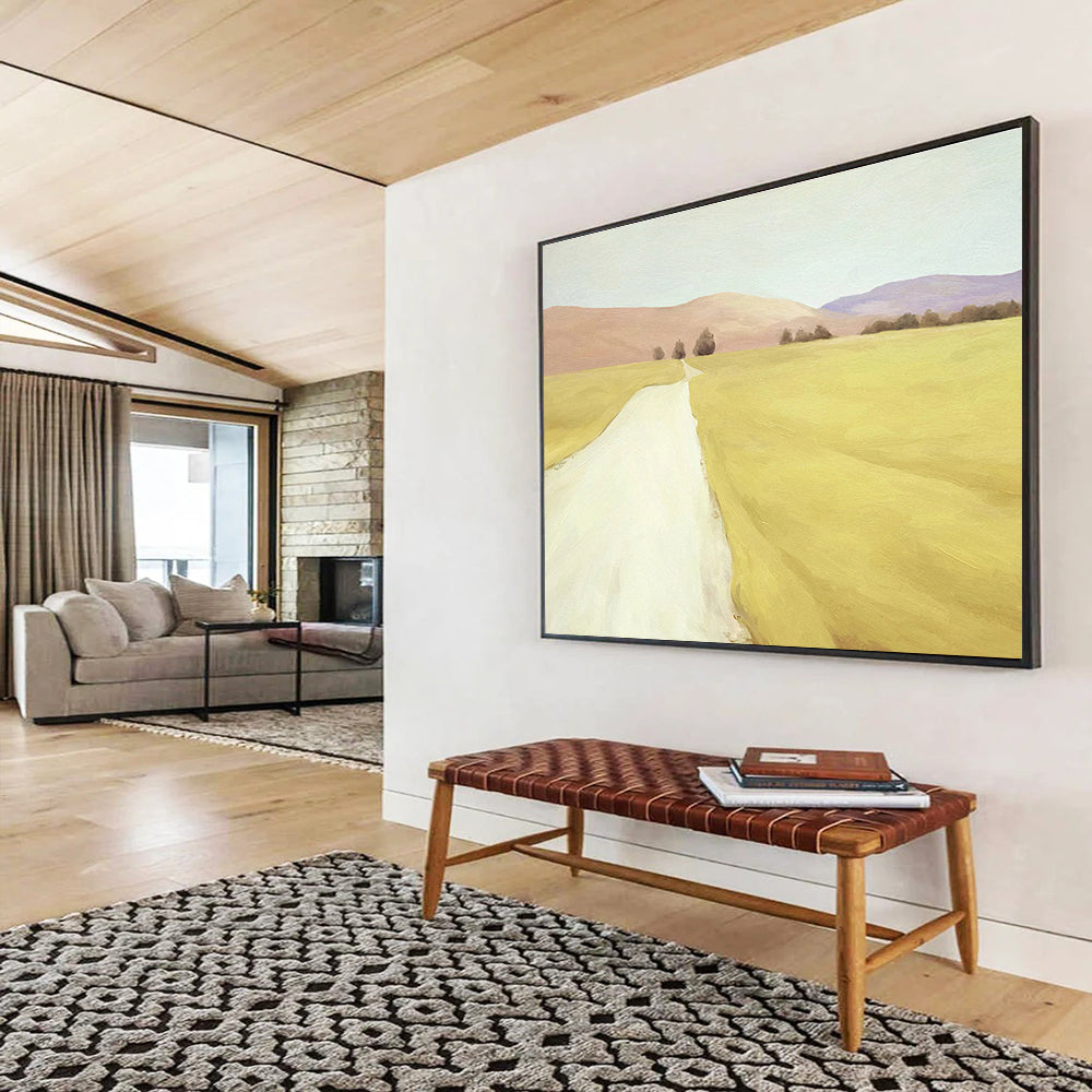 “Golden Field Path” - Yellow, Brown & Purple Landscape, Realist Oil Painting On Canvas DKS742