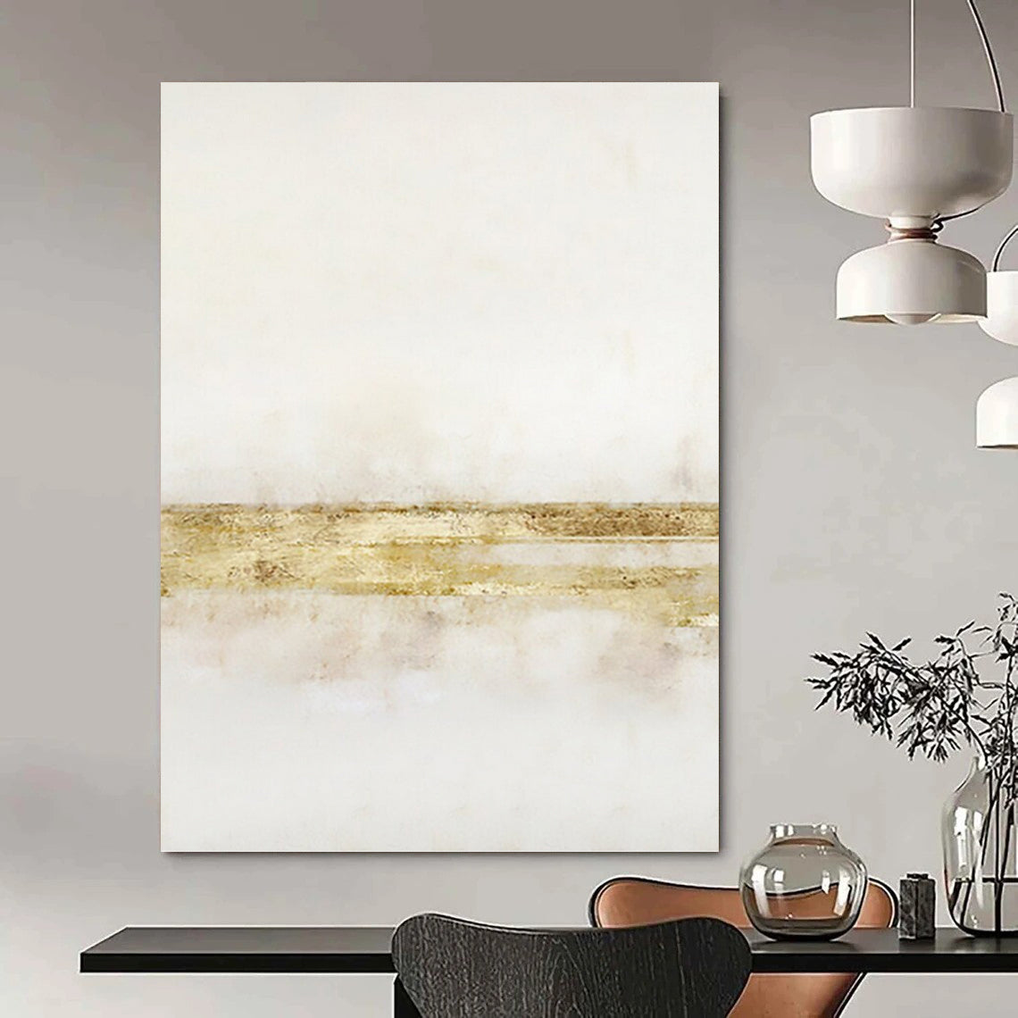 “White and Gold Minimalist Stripes” - Abstract, Metallic - Accented Painting On Canvas PT1538