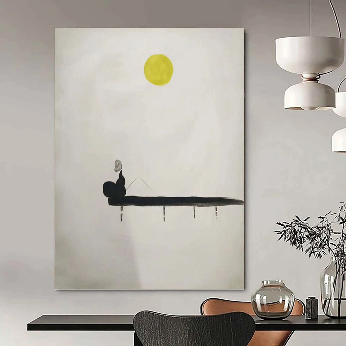 “Minimalist Moonlit Fisherman” - Abstract, Zen - Themed Painting On Canvas PT1562