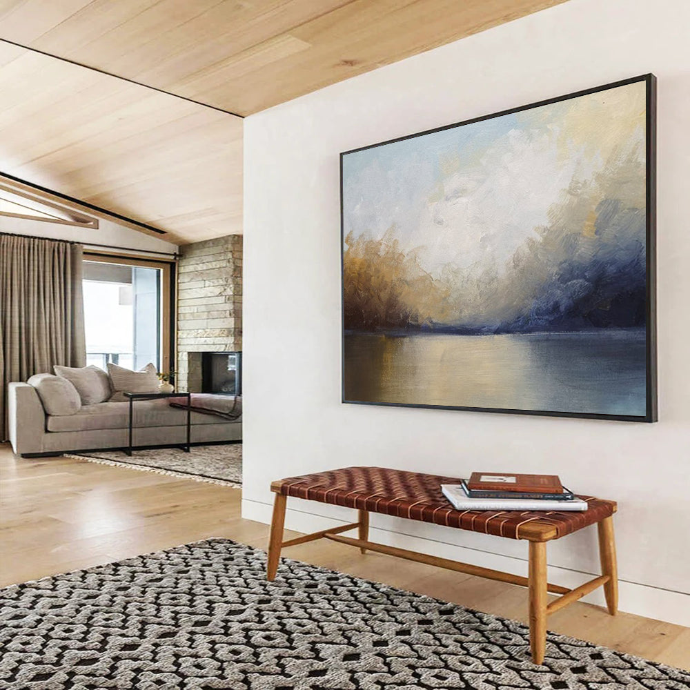 “Soft Lake Reflection in Blues and Golds” - Impressionistic Landscape Painting On Canvas PT041