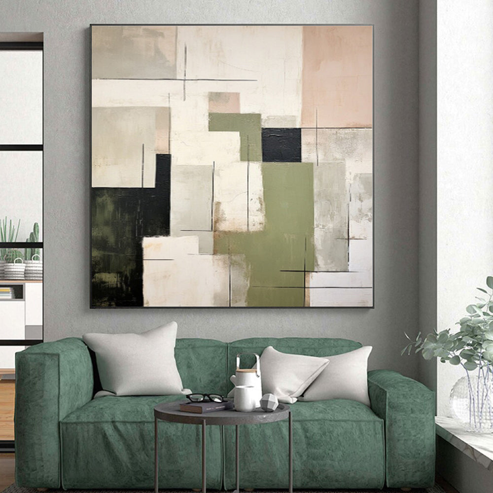 “Mixed Geometric Tones” - Green, Black, Beige Abstract Geometric Painting On Canvas PS0396